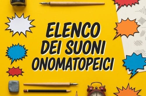 Immagine con strumenti di scrittura e fumetti onomatopeici colorati.
