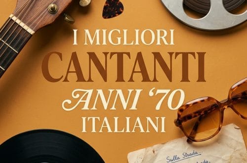 Copertina di un libro su cantanti italiani anni '70 con strumenti musicali e vinile.