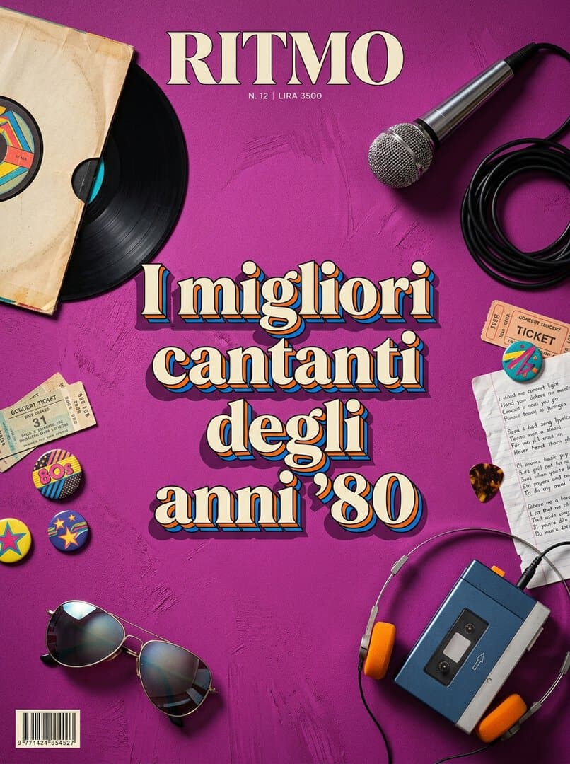Copertina di un libro su cantanti anni '80 con musica e accessori vintage.