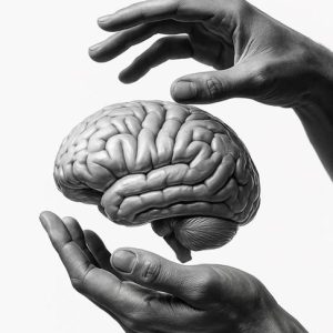 Cervello umano tra due mani in bianco e nero.
