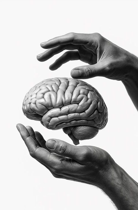 Cervello umano tra due mani in bianco e nero.