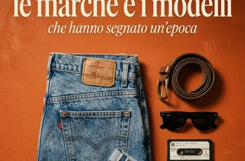 Jeans anni '80 con accessori vintage, occhiali e cassetta audio.
