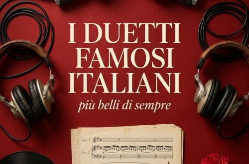Copertina di un libro sui duetti italiani famosi con microfoni e dischi in vinile.